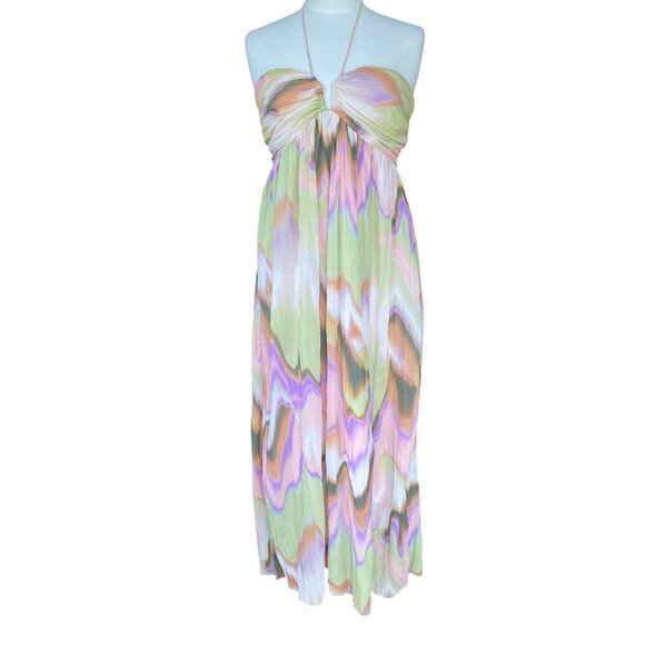 Steve Madden Nolita Halter Maxi Dress Sz L Tie Dye Watercolor Sheer Resortwear - Picture 1 of 16